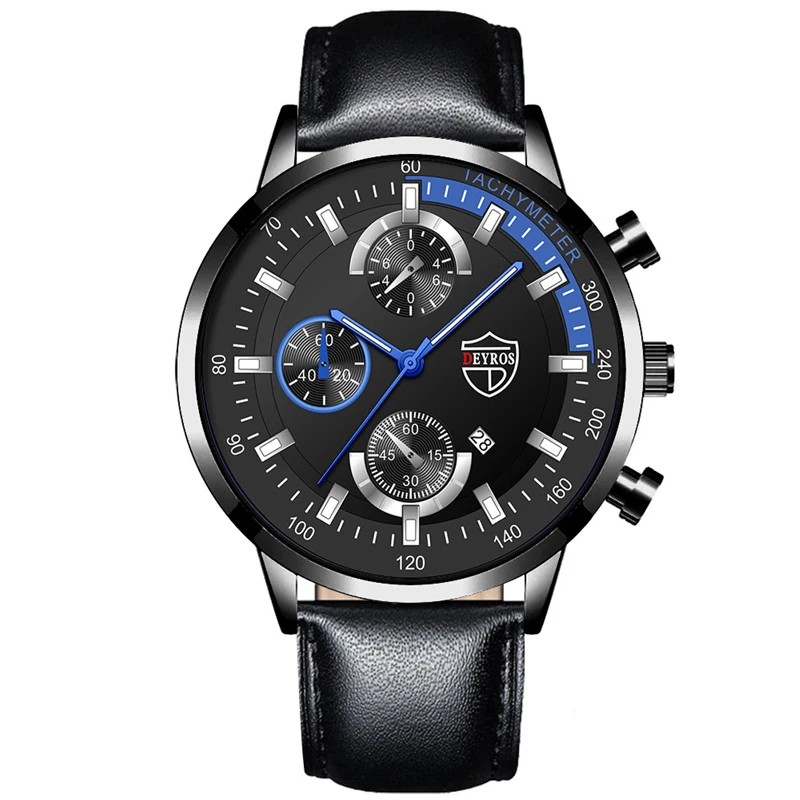 Luxury Mens Leather Watches Stainless Steel Fashion Calendar Quartz Wrist Watch Leather Bracelet Male Business Luminous Clock 