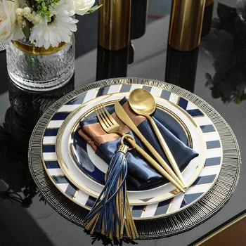 

Modern Phnom Penh Blue Stripes Ceramic Plate Model Room Western Tableware Set European Dinner Plate Table Decoration Accessories