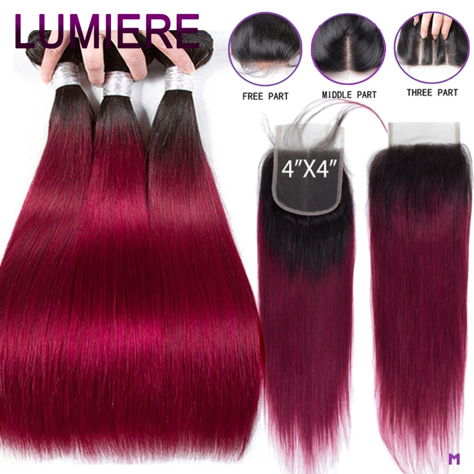 

Lumiere Ombre Human Hair 3 Bundles With Closure Pre-colored 1B 99J Burgundy Brazilian Straight Weaves Human Hair With Closure