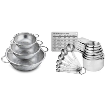 

14 Pieces Stainless Steel Measuring Cups and Spoons Set with Colander Set of 3, Stainless Steel Colander Strainers