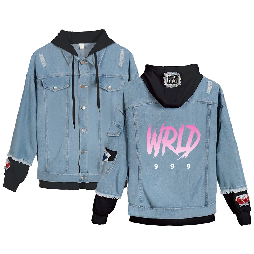 2021 Juice Wrld Denim Jacket Fashion Fake Two Pieces Hooded Jacket Streetwear Retro Popular Men Women Denim Jacket Autumn Coat mens puffer jacket