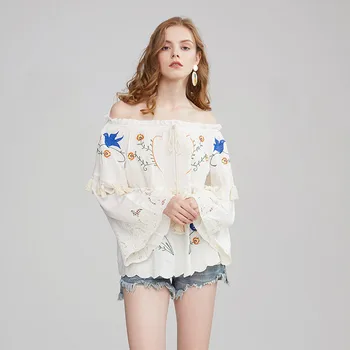

Europe thin cotton slash neck tassels embroidery bird floral blouses top casual loose flare sleeves white blusas free shipping