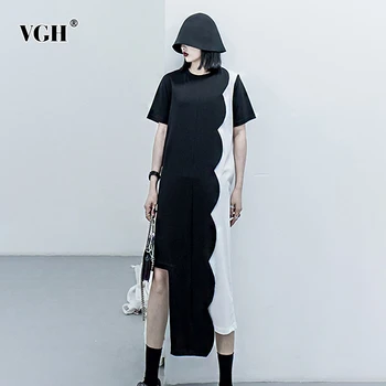 

VGH Elegant Patchwork Hit Color Women Dress O Neck Short Sleeve Asymmetrical High Waist Dresses For Female Irregular Fashion New