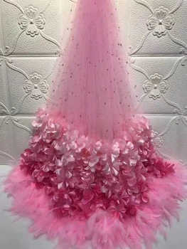 

Luxury beads lace fabric Pink 3d flower fabric 2019 high quality african tulle lace beads fabric for wedding dresses Hot sale