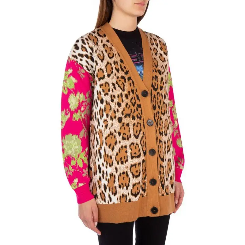 

Leopard Acquard Long Cardigan 2019 Fall V-neck Single Breasted Sweater Coat Knit Wool Blend Long Cardigans Coat Women Sweaters