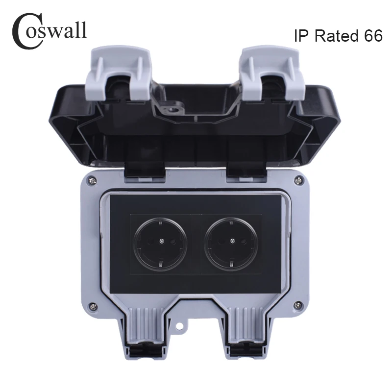 Coswall IP66 Всепогодный Водонепроницаемый Открытый черный настенный разъем питания 16A 2 банды ЕС стандартная электрическая розетка с заземлением