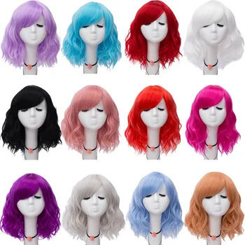 

female Synthetic Wigs With Bangs Wig Short Curly high temperature fiber blue Purple Solid Ombre color wig 36 colors