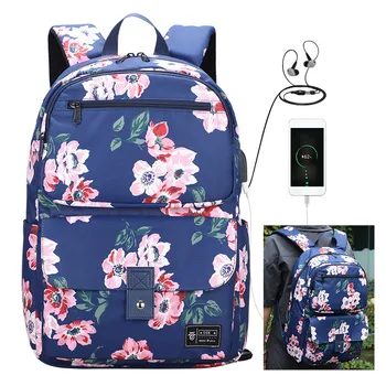 

New Fashion Colorful flower student schoolbags campus Backpack USB charging Oxford female laptop backpack for women travel bag