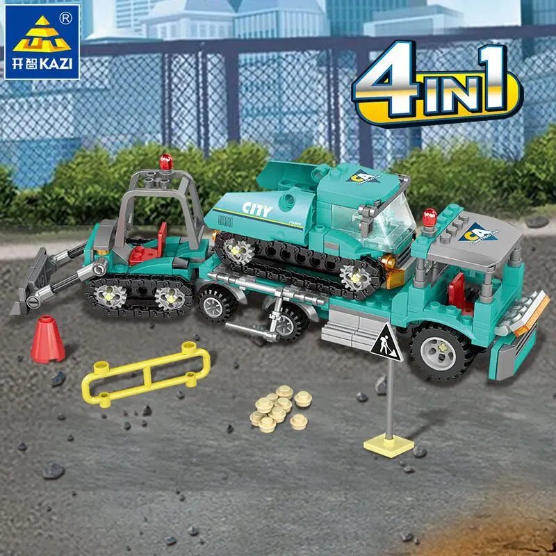 KAZI 80458 Assembled building blocks toy boy city engineering 4 in 1 trailer trailer children insert model