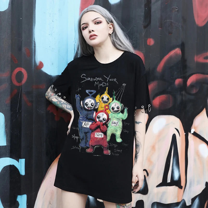 Retro Goth Tshirt Women Oversized Emo Punk Harajuku Summer Top Dark Aesthetic Fairy Grunge Alt Plus Size Alternative Cloth | Женская