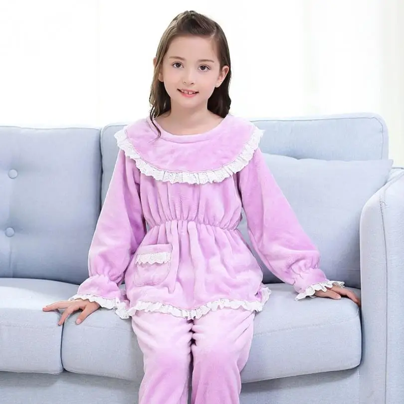 Children girls Flannel winter new pajamas kids lace patchwork cute cartoon home clothes girls sleep wear ws1159 - Цвет: 5