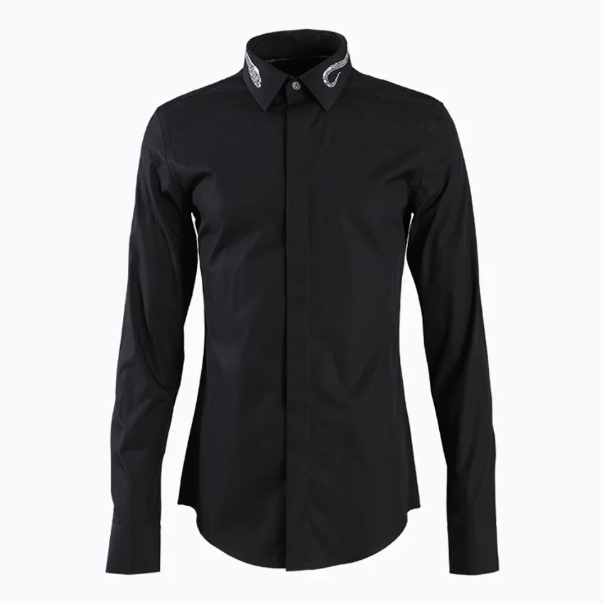 Minglu Cotton Mens Shirts Luxury Collar Embroidery Long Sleeve Mens Dress Shirts Plus Size 4xl Solid Color Slim Fit Male Shirts