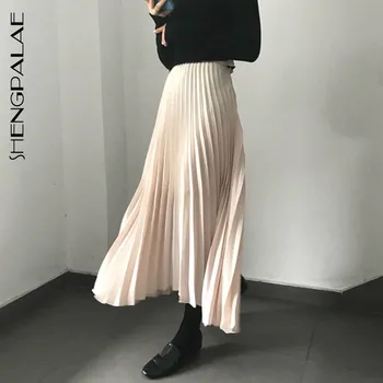 

SHENGPALAE 2020 Chic Autumn Niche High Waist Design Long Fund Elegant Pearl Light Korean Fashion Pleated Skirt Woman Ft739
