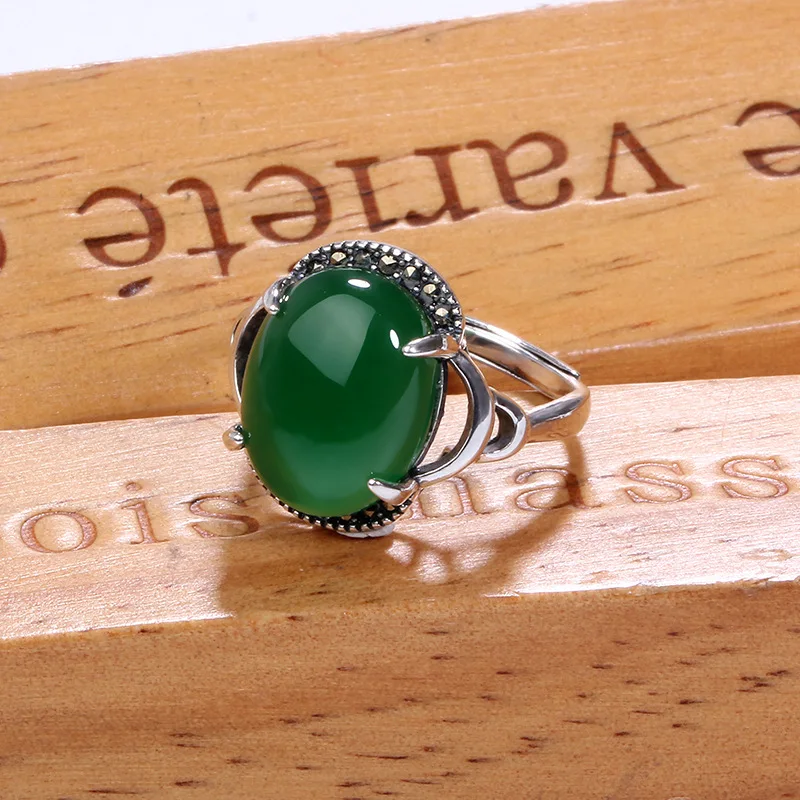 

JSH S925 Silver Green Agate Ring Inlaid Thai Silver Green Chalcedony Women's Adjustable Retro Forefinger Cool Korean-style Simpl