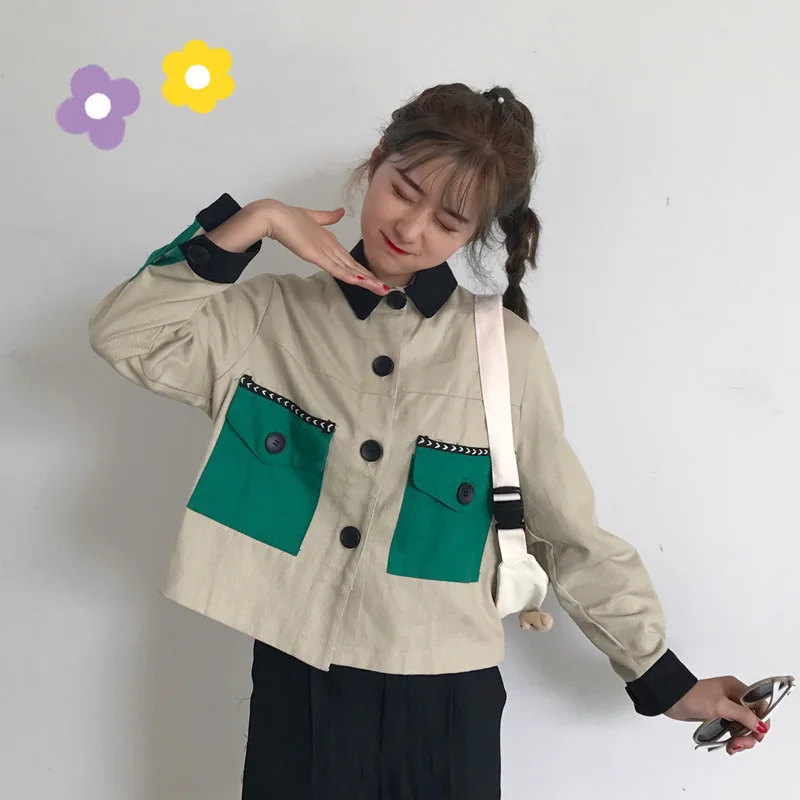 

Quality Inspection Photo Shoot 2019 Korean-style Early Autumn New Style Students Contrast Color Long Sleeve Cropped Jacket Women