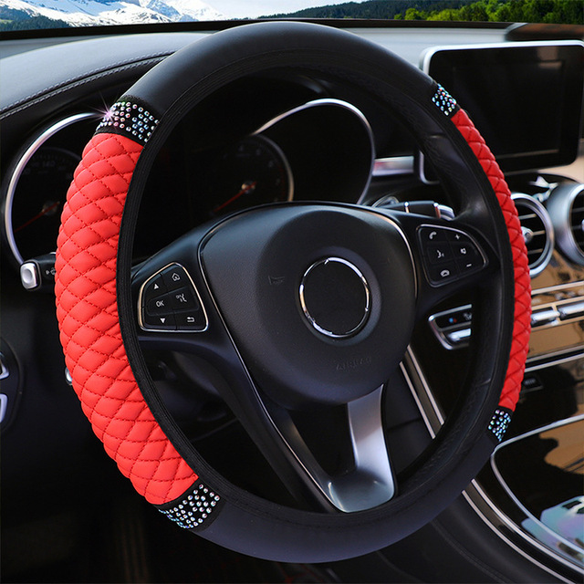 37-38cm PU Leather Bling Car Steering Wheel Cover Rhinestone Steering-Wheel Covers Auto Interior Decor Accessories