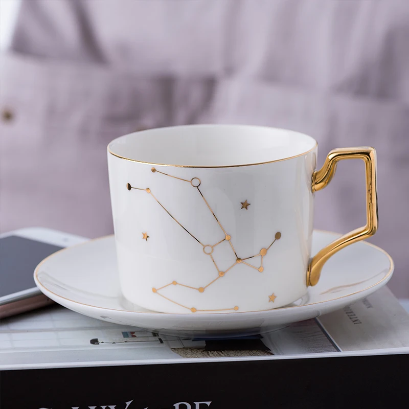 Wourmth 12Constellations Кофейная чашка Блюдце с белыми и золотыми косточками Фарфоровые чайные чашки с ложкой из нержавеющей стали