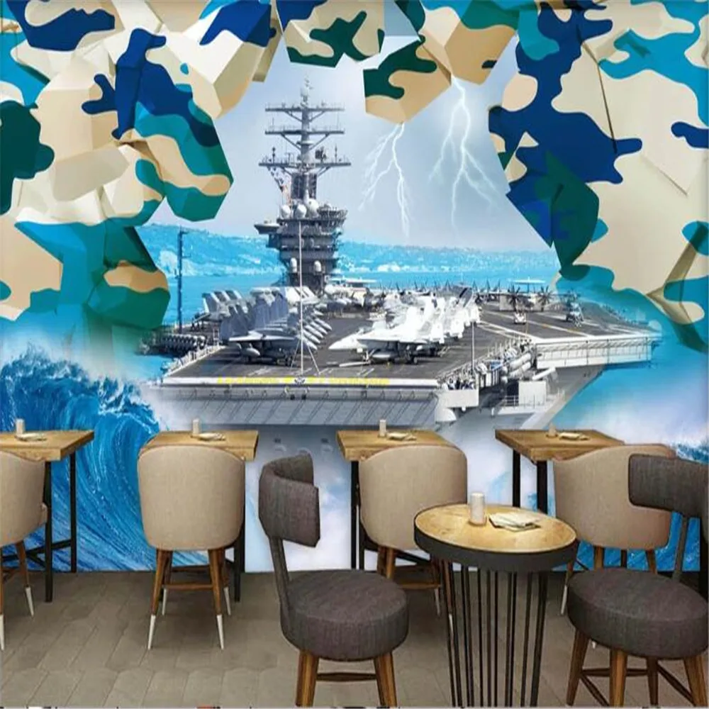 

Milofi custom 3D three-dimensional wallpaper mural aircraft carrier broken wall into the bar KTV background wall
