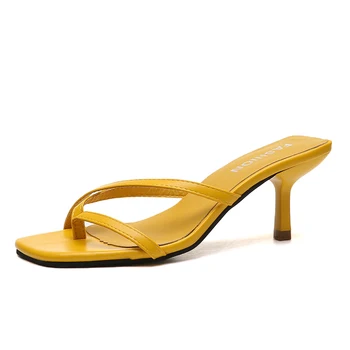

Summer Slippers Women Thin High Heels Flip Flops Square Toe Slides Solid White Yellow Black Sandals Female Casual Shoes 34-43