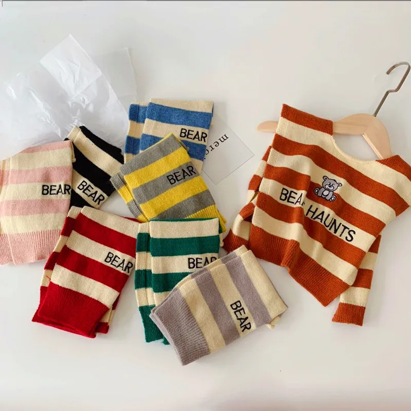 

Kids Girls Boys Scarf Autumn Winter Striped Knitted Scarf Wrap Shawl Cute Bear Letters Children Cape Poncho Fashion Accessories