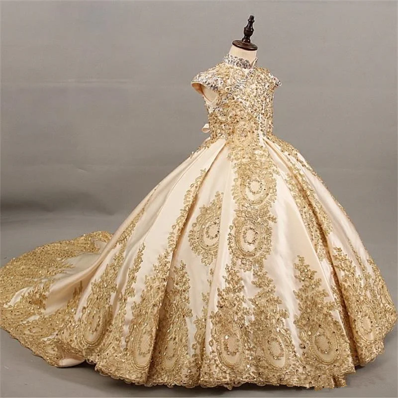 Golden Beads Flower Girl Dresses For Wedding Fashionable Pageant Gown Sleeveless lace Appliques Holy Communion Dresses for girl flower girl dresses,floral appliqu&eacute; dress