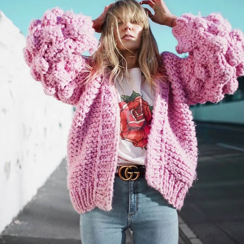 ^*Best Offers Fashion New Women Knitted Cardigan Puff Sleeve Loose Sweater Ladies Autumn Winter Warm Casual Outwear Coat Tops