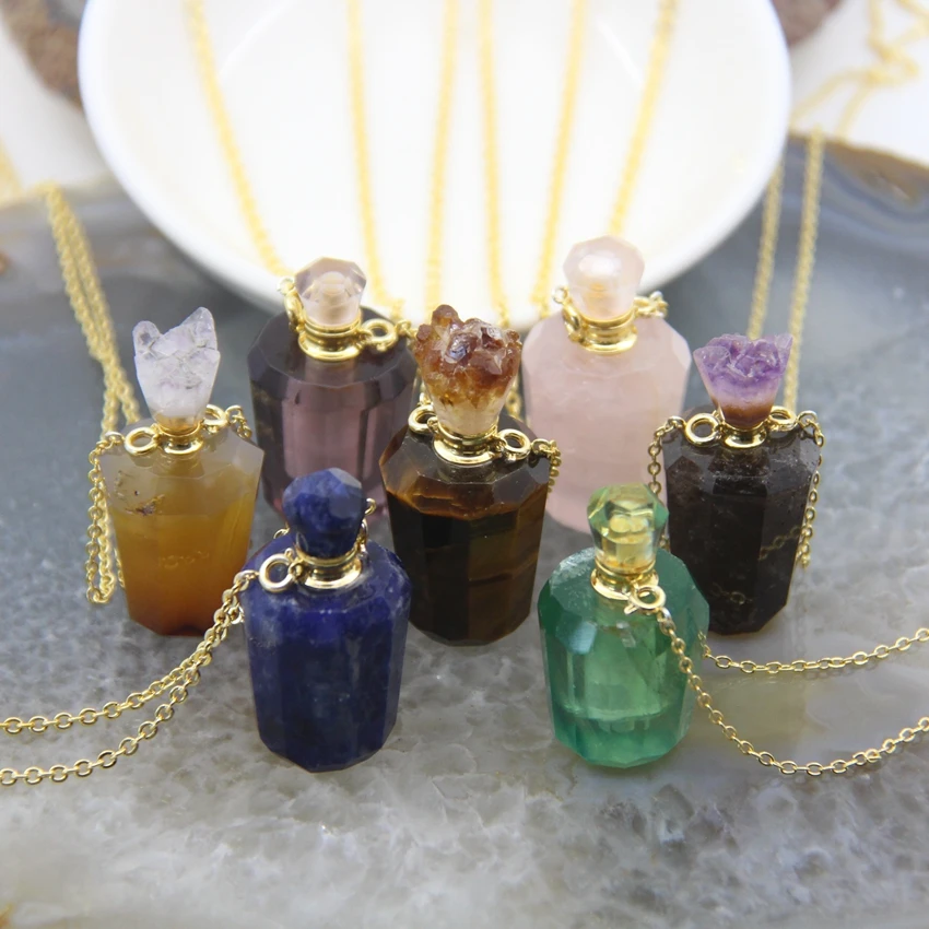 

Natural Quartz Cut Faceted Perfume Bottle Pendants,Healing Crystal Essential Oil Diffuser Vial Necklace Jewelry For Women Gift