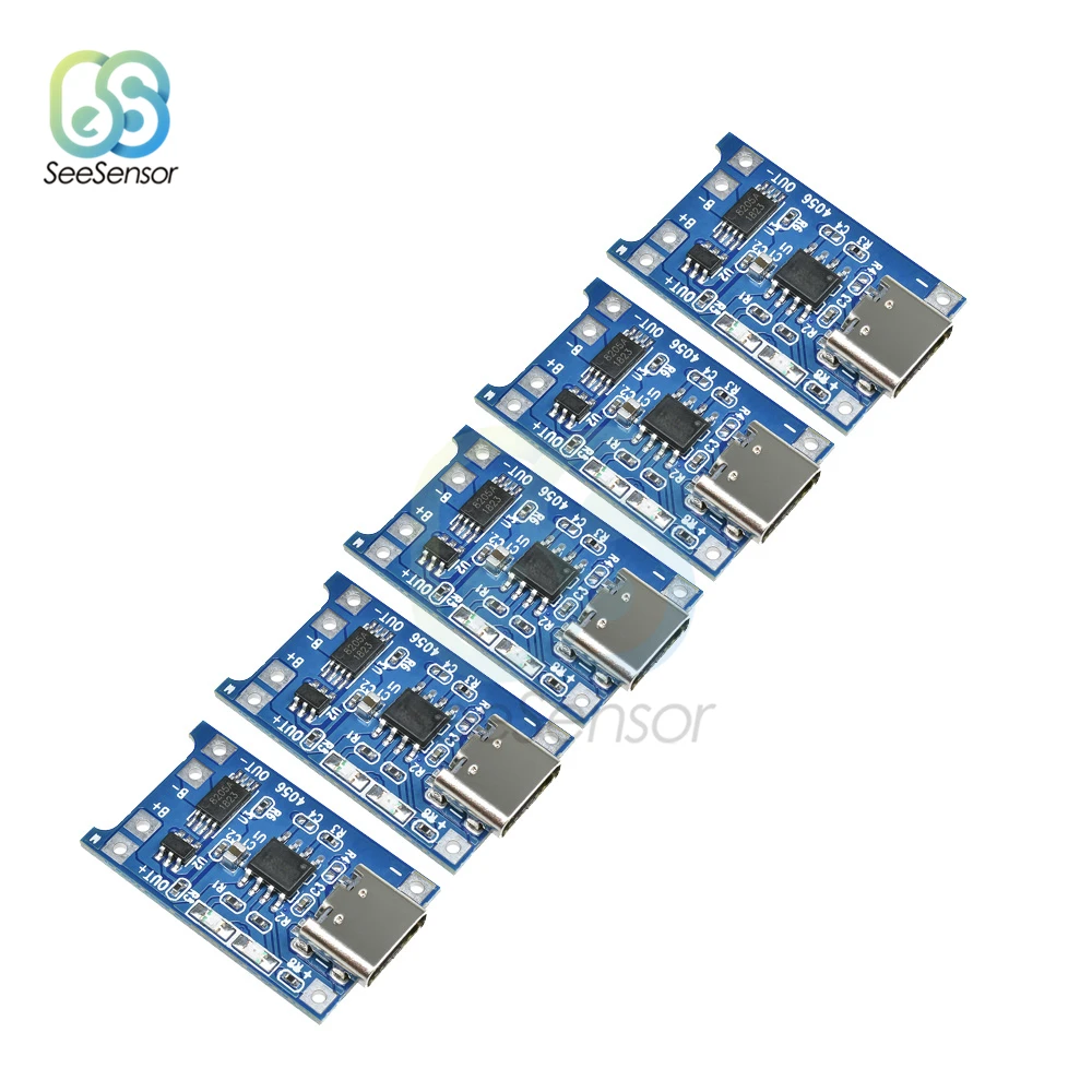 

5Pcs Type-C USB 5V 1A 18650 TP4056 Lithium Battery Charger Module Charging Board With Protection Dual Functions 1A Li-ion