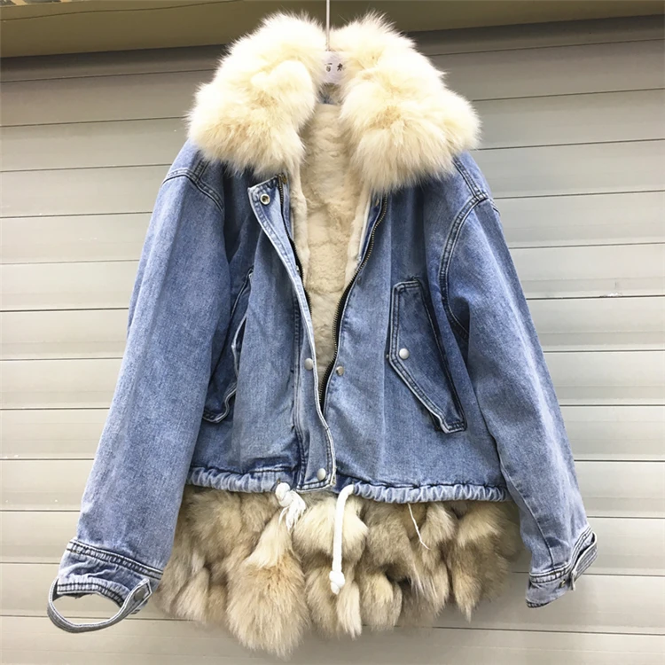 Воротник из натурального Лисьего меха+ Съемная подкладка из меха кролика джинсовое пальто зимнее женское утолщенное теплое пальто куртка - Цвет: apricot