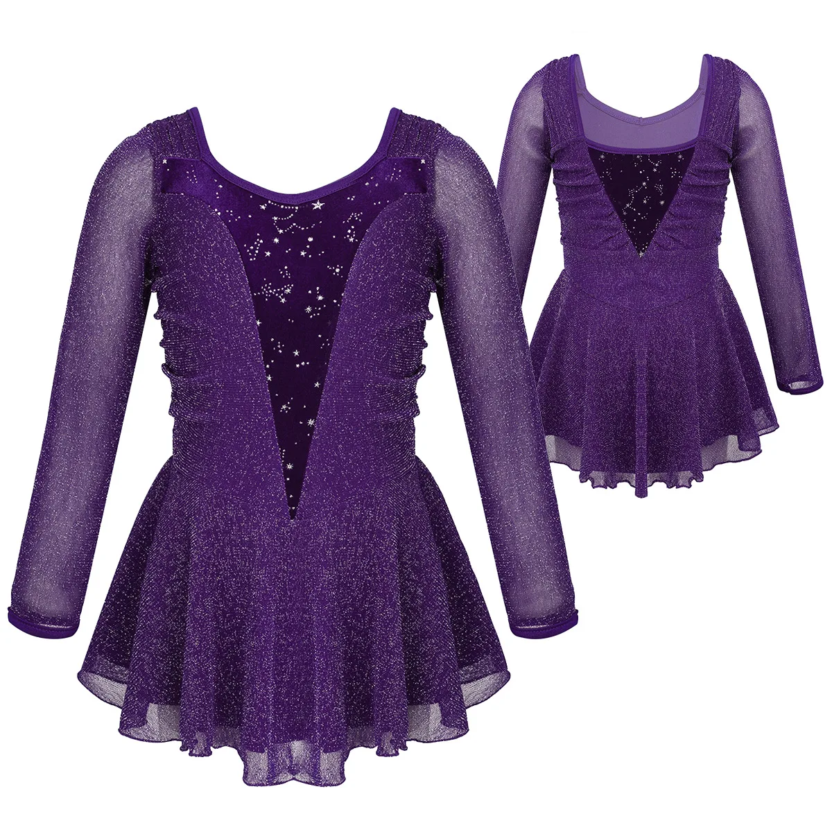 Purple Детское платье для фигурного катания на коньках для девочек балетное гимнастическое платье блестящее эластичное бархатное балетное платье с длинными рукавами и серебристыми блестками - Цвет: Purple