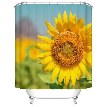 

Waterproof Thicken Golden Sunflower White Polyester Mildew Proof Bath Tub Shower Curtain with 12 pcs Hooks