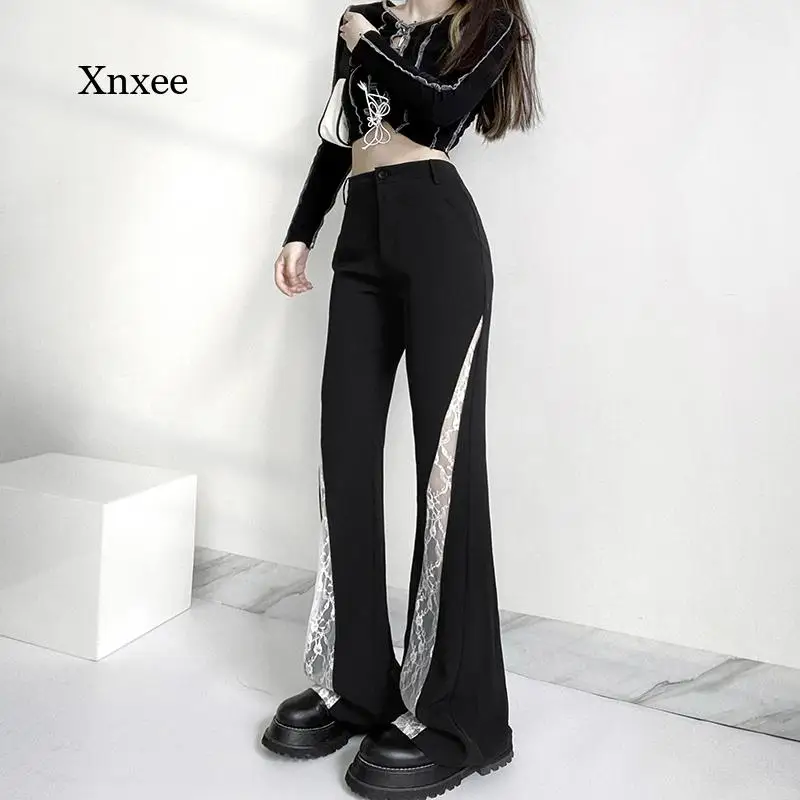 

Y2K Flare Pants Lace Patchwork Pants 90S Hollow Out Pants Gothic High Waist Trousers Vintage Women Streetwear Trendy Bottoms