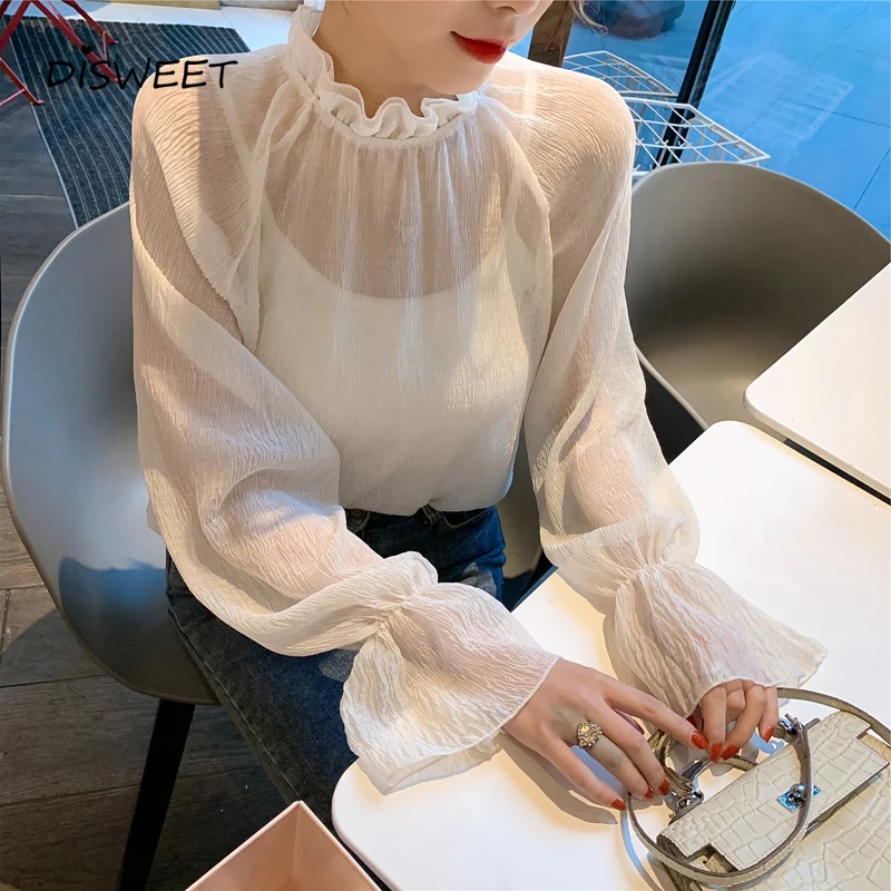 Korean Loose Bell Sleeve Chiffon Shirt Woman Simple Transparent Slim Ladies Casual Wrinkled Solid Blouses Women |