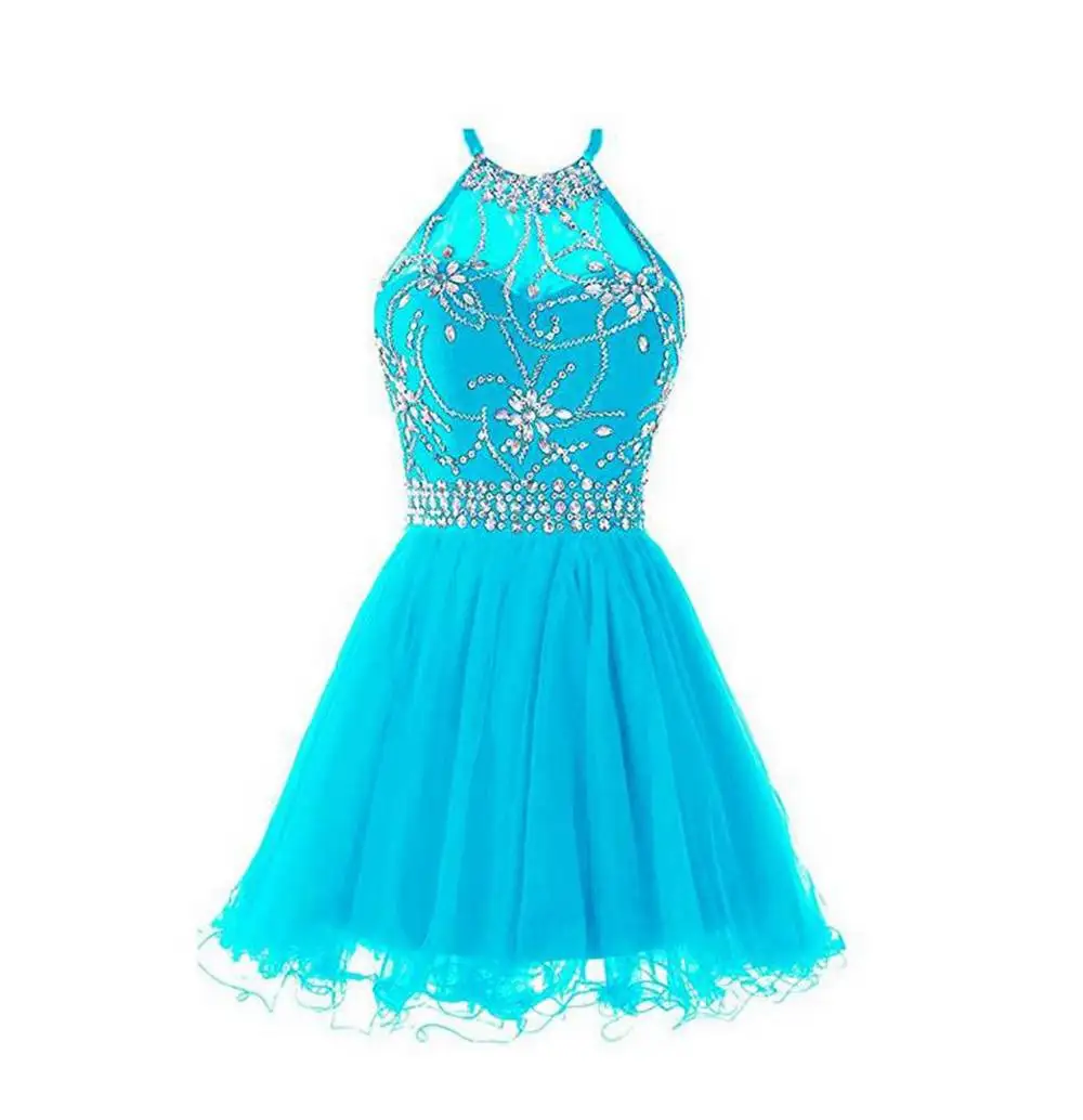 Blue Для женщин короткий Бисер c бретелькой через шею и Коктейльные Вечерние платья трапециевидной формы, без рукавов, платье для выпускного вечера плюс Размеры по колено - Цвет: Blue