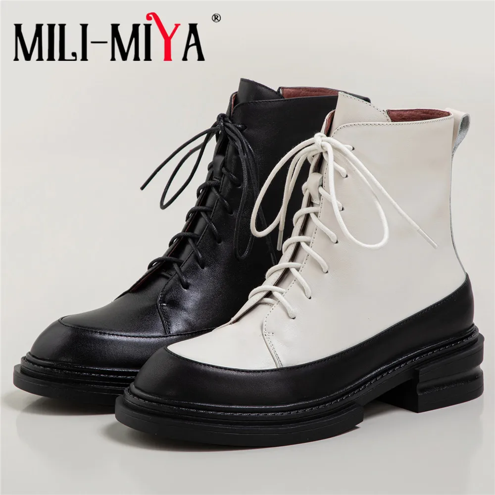 

MILI-MIYA Autumn Winter Women Ankle Boots Round Toe Square Heels Mid Comfortable WaterProof Cross Tied Casual Black Beige Shoes