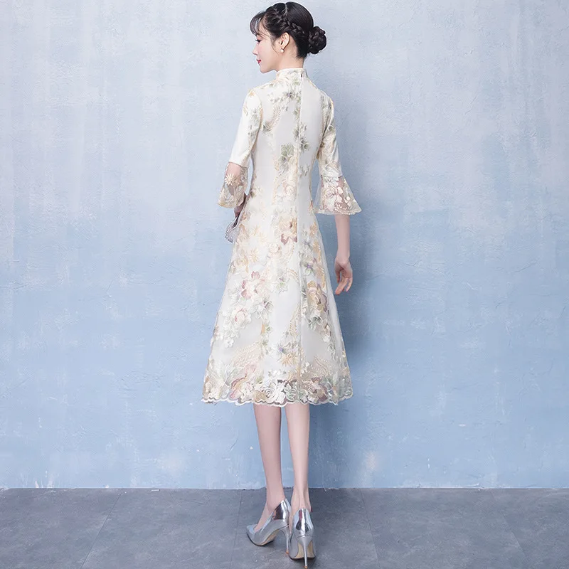 Lace Patchwork Sleeve Lady Qipao Exquisite Embroidery Flower Chinese Dress Classic Champagne Bride Wedding Dress Sexy Maxi Dress