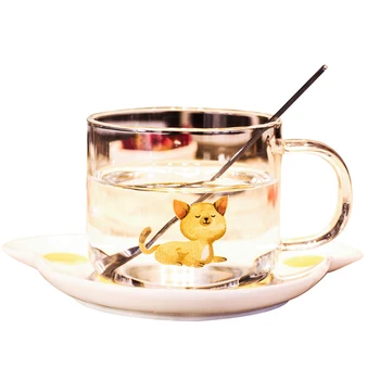 

Transparent Glass Coffee Cat Animal Cup Tea Glass Espresso Cups Large Cute Tea Cups Tazas High Quality Teacup And Saucer II50BYD