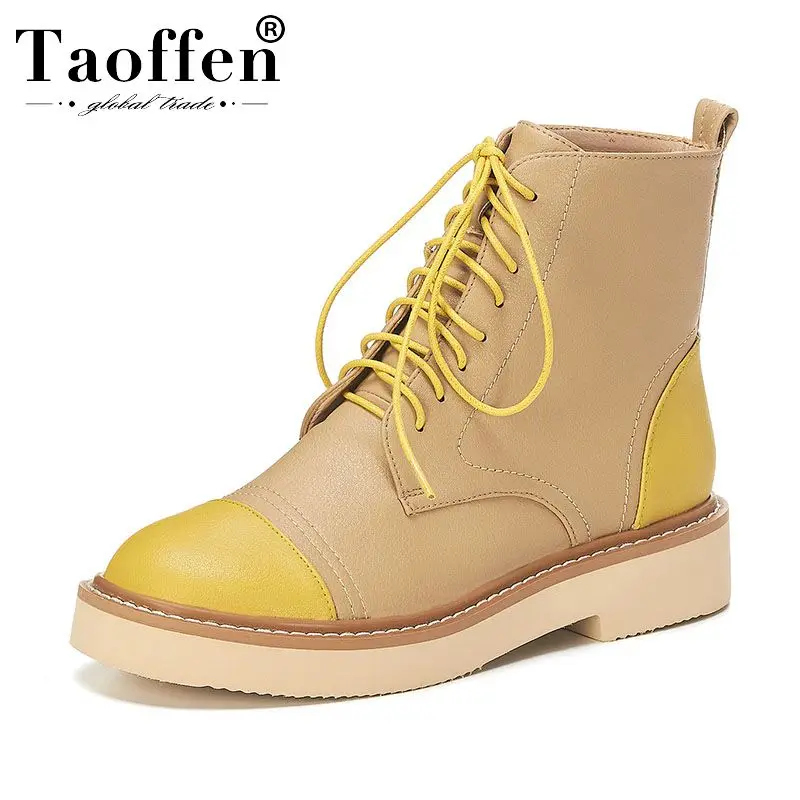 

Taoffen Women Genuine Leather Ankle Boots Candy Color Round Toe Flats Boots Shoes Woman Casual Winter Warm Footwear Size 34-40