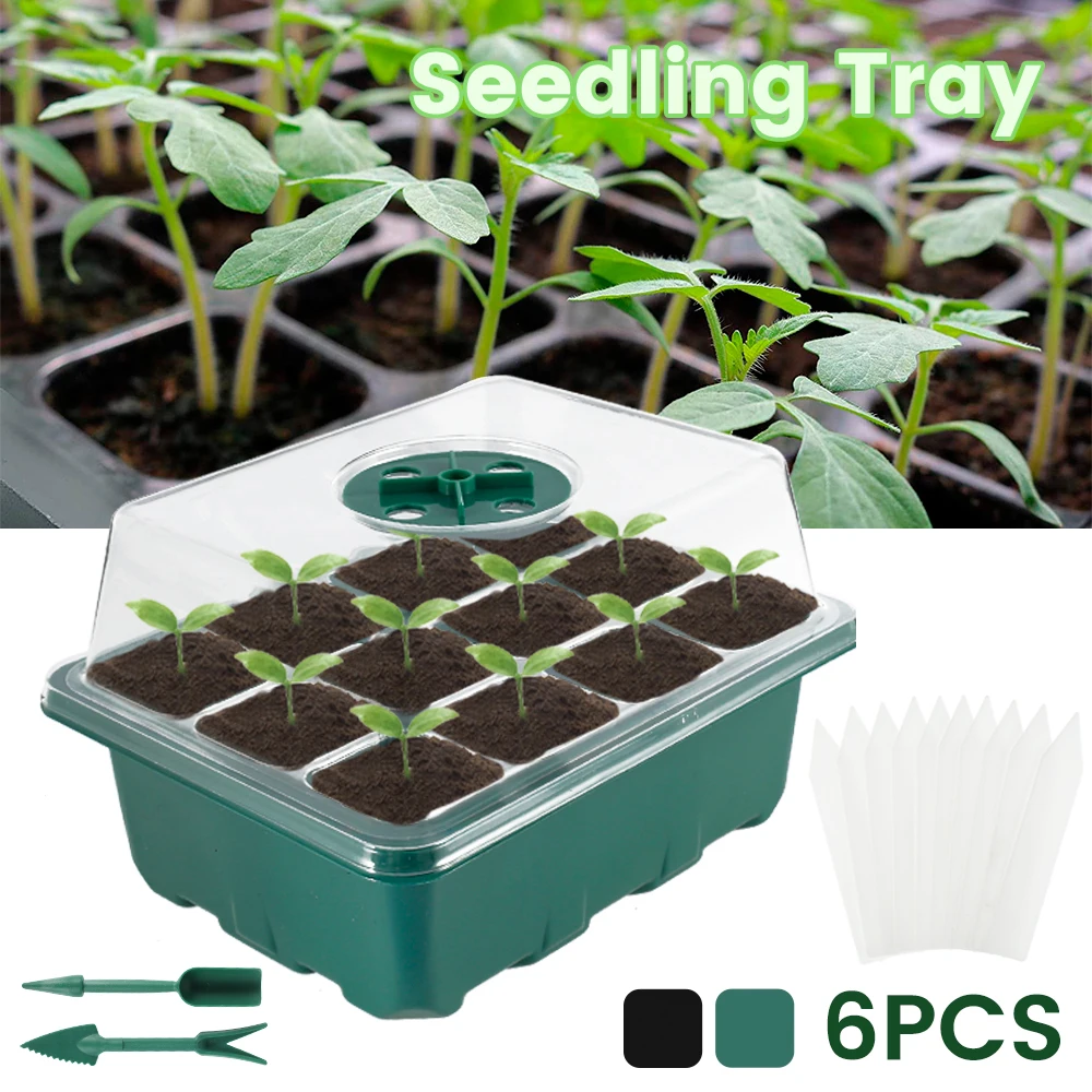 

6pcs Flower Pot Seeds Seedling Tray Sprout Plate 12-Cells Nursery Pots Tray with Transparent Lids Box for Gardening Plant Seed