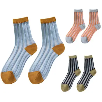 

Women Ultra-Thin Breathable Glass Fiber Long Ankle Socks Contrast Color Vertical Stripes Transparent Mid Tube Hosiery