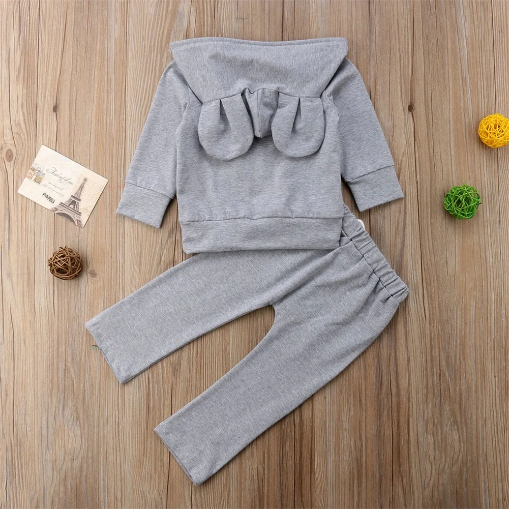 Newborn Infant Outfit Set Baby Boy Girl Hoodie Solid Rabbit Ear Hooded Sweatshirt Tops Long Pants Drawstring Autumn Tracksuits