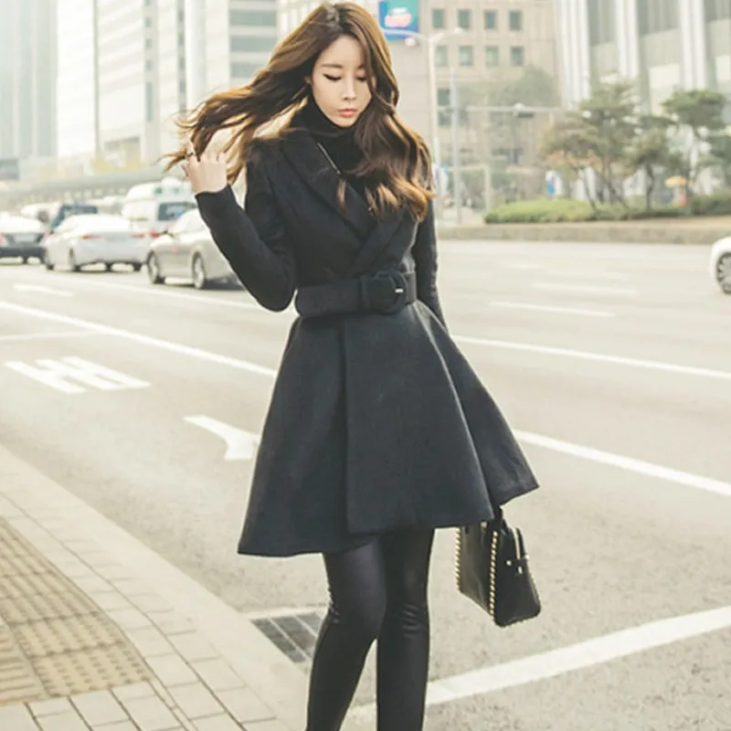 

WOMEN'S Dress 2018 Winter Korean-style Elegant Waist Hugging Woolen Jacket High-waisted A- line Hem Woolen Overcoat Women's