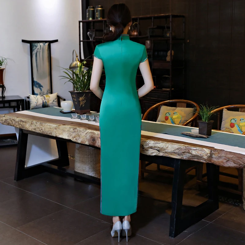 Притягательный. Лёгкий синий женский длинный Cheongsam летнее винтажное платье Ципао