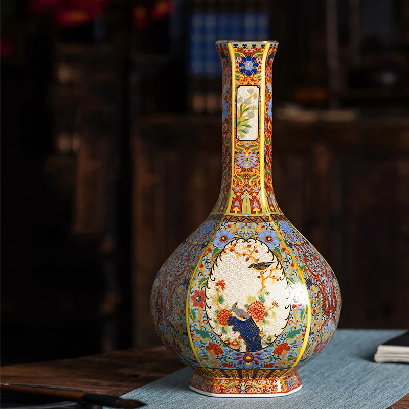 China antique Porcelain Hexagon YongZheng Hexagon colour  enamels Mudanhua Vases 