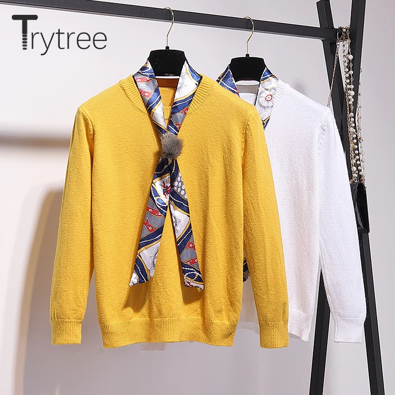Trytree осенне-зимний комплект из двух предметов, повседневный шарф с круглым вырезом, вязанный однотонный Свободный Топ+ юбка в клетку, мини-комплект из 2 предметов
