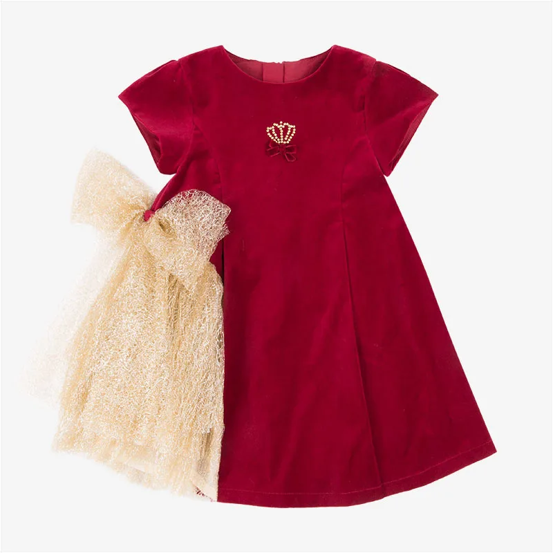 Autumn Fashion Girls Dress Children's Bow Tie Stitching Girls Princess Short Sleeve Party Dresses Kids Cute Clothes CL185