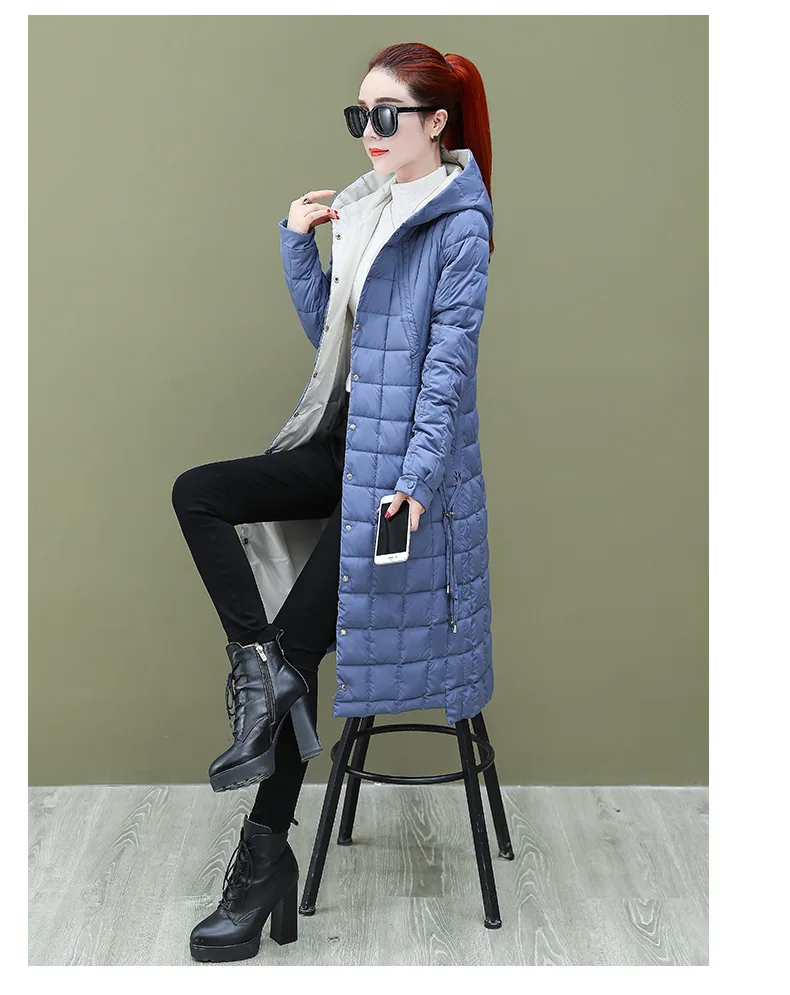AliExpress хлопковая стеганая Одежда Женская длинная выше колена стиль зима контрастный цвет с капюшоном пальто тонкий пуховик