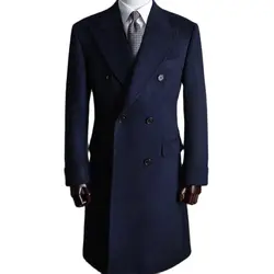 1Pcs Peak Lapel Navy Blue Long Jacket Men’s Suits Winter 50% Woolen Blazer Tailor-made Party Wear Clothing Only One Coat