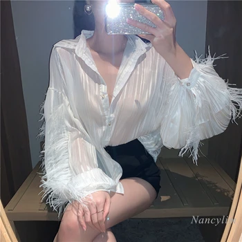 

plus size Feather Blouse Women 2020 Autumn New All-match Feather Puff Sleeve Top Lady Loose Stripe Shirt Blusa White Black