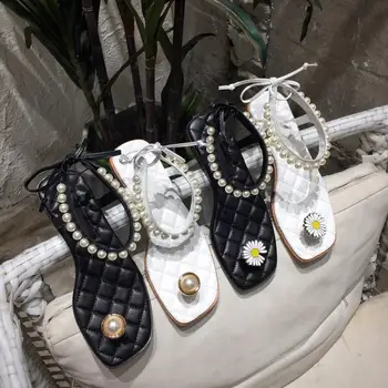 

2020 Unique Design Sandals For Women Flower & Pearl Decor Shoes Woman Sweet Genuine Leather Women Shoes Summer Lace-up Sandals